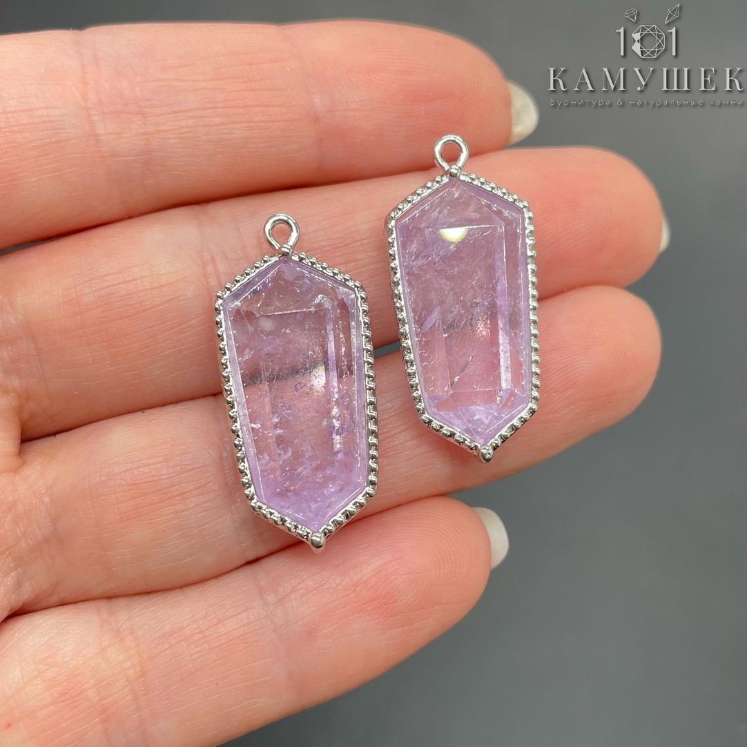 13,5*30мм, цвет серебро ,Подвеска Шестиугольник Лавандовый Аметист в обрамлении цирконы
