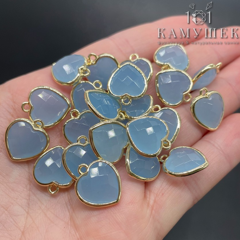 13*15мм,Цвет золото,Подвеска Сердце кварц тонированный голубой огранка
